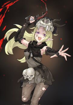 1girl alternate_costume alternate_hairstyle blonde_hair breasts commission corrupted_twitter_file fire_emblem fire_emblem_awakening highres looking_at_viewer nintendo nowi_(fire_emblem) open_mouth pants pointy_ears purple_eyes redkite333 skull slit_pupils small_breasts solo torn_clothes torn_pants upper_body