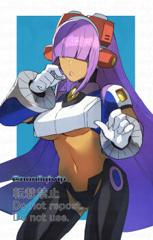 1girl blue_background blunt_bangs border breasts cowboy_shot dark-skinned_female dark_skin hair_over_one_eye headset layer_(mega_man) long_hair mega_man_(series) mega_man_x_(series) navel purple_hair robot_girl simple_background solo underboob white_border yamanashi_taiki