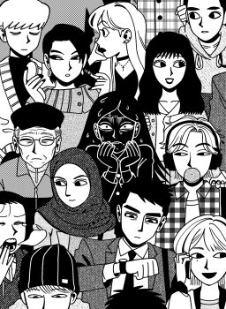 6+boys 6+girls biting_own_lip blowing_bubble_gum blowing_bubbles cellphone chewing_gum clenched_teeth closed_eyes closed_mouth coat cross cross_necklace ear_piercing earrings flannel glasses greyscale hat headphones highres hijab hoop_earrings jadoochicken jewelry lipstick long_hair long_sleeves looking_at_another makeup mole mole_under_eye monochrome multiple_boys multiple_girls nail_polish necklace open_mouth original parted_lips phone piercing semi-rimless_eyewear short_hair smartphone smile sweat teeth under-rim_eyewear unmoving_pattern watch wristwatch