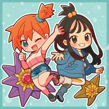 2girls ;d arm_up black_eyes black_hair blue_eyes blue_jacket blue_shorts blush chibi clenched_hand crop_top denim eyelashes gen_1_pokemon grin hair_ornament highres jacket lida_(pokemon) long_hair long_sleeves looking_at_viewer midriff misty_(pokemon) multiple_girls nintendo one_eye_closed one_side_up open_clothes open_jacket open_mouth orange_hair pants pokemon pokemon_(anime) pokemon_(classic_anime) pokemon_(creature) pokemon_legends:_z-a pokemon_lgpe pokemon_rgby ponytail shirt shoes short_hair short_shorts shorts side_ponytail sleeveless sleeveless_shirt smile sneakers starmie staryu teeth topknot white_shirt