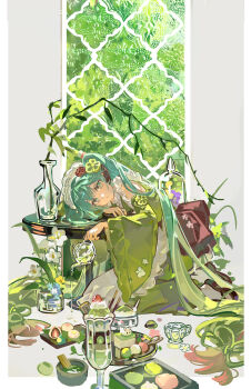 Rule 34 | 1girl, absurdres, apron, arm on table, branch, cake, chinese commentary, clothing cutout, commentary request, cream, cup, dango, drinking glass, food, glass bottle, green eyes, green hair, green kimono, hatsune miku, head on table, highres, holding, holding teapot, ice cream, japanese clothes, kimono, long sleeves, maid, maid apron, maid headdress, matcha (food), mento, obi, parfait, plant, sash, shoulder cutout, solo, spoon, sweet sweets miku, sweet sweets miku (matcha parfait), table, tea, teacup, teapot, twintails, vase, vocaloid, wa maid, wagashi, wide sleeves, window, wine glass