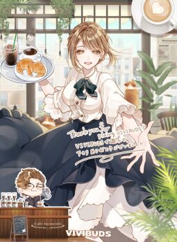 1boy 1girl :3 ahoge black-framed_eyewear black_bow black_bowtie black_shirt black_skirt blurry bow bowtie braid breasts brown_eyes brown_hair building chibi closed_eyes closed_mouth coffee collared_shirt commentary copyright_name croissant cup depth_of_field dog drinking_straw english_commentary food glasses heart holding holding_tray ice ice_cube latte_art logo long_skirt newspaper official_art outline outstretched_arm plant plate saucer shirt skirt solo_focus teeth thank_you translation_request tray u_u upper_teeth_only vivibuds white_outline white_shirt