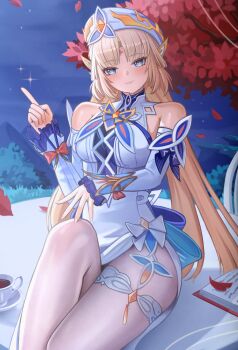 1girl absurdres bare_shoulders beret blonde_hair blue_eyes blush book bush commentary cross-shaped_pupils cup detached_sleeves dress facial_mark falling_leaves forehead_mark genshin_impact hat highres index_finger_raised leaf looking_at_viewer nicole_(genshin_impact) night on_table pantyhose pointy_ears puppnett sitting smile solo symbol-shaped_pupils table teacup tree white_dress white_hat white_pantyhose white_sleeves