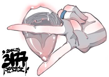 Rule 34 | 1girl, absurdres, artist name, commentary, disembodied hand, disembodied mouth, english commentary, highres, jewelry, jrpencil, open mouth, original, ring, saliva, simple background, solo, teeth, tongue, tongue out, uvula, v, v over mouth, white background