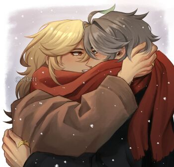 2boys absurdres alhaitham_(genshin_impact) arm_around_back black_jacket blonde_hair blush brown_jacket commentary english_commentary eye_contact genshin_impact grey_hair hand_on_another&#039;s_head highres jacket kaveh_(genshin_impact) long_hair long_sleeves looking_at_another male_focus multiple_boys red_scarf scarf shared_clothes shared_scarf short_hair smile snow tetsuu twitter_username upper_body winter winter_clothes yaoi
