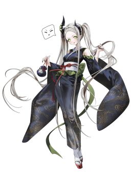 1girl :p absurdly_long_hair alternate_costume asymmetrical_horns back_bow bag bare_shoulders black_horns black_kimono black_nails blush bow breasts character_badge closed_mouth clothing_cutout commentary demon_horns doro_(nikke) fingernails full_body goddess_of_victory:_nikke green_bow green_eyes hands_up highres holding holding_bag holding_own_hair horns japanese_clothes kimono kinchaku laevan leviathan_(nikke) long_hair long_sidelocks long_sleeves looking_at_viewer medium_breasts nail_polish obi obijime okobo parted_bangs platform_sandals pouch sandals sash seigaiha shoulder_cutout sidelocks simple_background smile solo speech_bubble spoken_expression standing tabi tongue tongue_out twintails v-shaped_eyebrows very_long_hair very_long_sidelocks white_background wide_sleeves