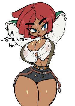 1girl arms_behind_head arms_up blue_eyes breasts button_gap cleavage covered_erect_nipples curvy dark-skinned_female dark_skin female_focus giovanna_(guilty_gear) guilty_gear guilty_gear_strive highres huge_breasts jellot lactation lactation_through_clothes lips midriff narrow_waist red_hair see-through_clothes short_hair short_shorts shorts solo suspenders thick_thighs thighs wide_hips