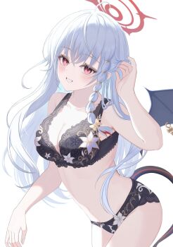 1girl black_bra black_panties blue_archive blush bra breasts cleavage collarbone commentary_request demon_tail demon_wings embroidered_bra embroidered_panties hair_between_eyes hair_flowing_over hair_ribbon halo haruna_(blue_archive) highres large_breasts light_blush lingerie long_hair looking_at_viewer mi7t0 multi-tied_hair navel panties piercing pink_eyes red_eyes red_halo ribbon sidelocks simple_background smile solo stomach tail teeth underwear white_background white_hair wing_piercing wings