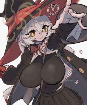 1girl ? black_skirt blue_archive blush bow bowtie braid breasts covered_navel eri_(blue_archive) hair_between_eyes halo hat highres jacket jewelry large_breasts long_hair long_sleeves looking_at_viewer popped_button red_bow red_bowtie ring shirt skirt smile solo spoken_question_mark the_amboina white_hair witch witch_hat