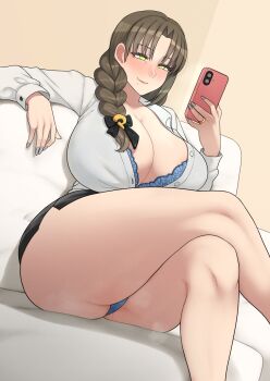 1girl absurdres ass blue_bra blue_panties bra bra_peek braid breasts brown_hair cellphone collared_shirt couch crossed_legs green_eyes highres huge_breasts indie_virtual_youtuber jewelry long_sleeves mature_female microskirt mole mole_under_mouth mommymilkers3k panties pantyshot parted_bangs partially_unbuttoned phone ring shirt single_braid sitting skirt smartphone solo thick_thighs thighs tsukushibara_sumine underwear virtual_youtuber wedding_ring white_shirt