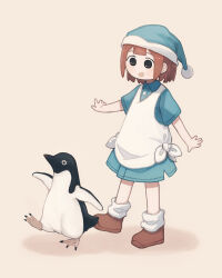 Rule 34 | 1girl, absurdres, adelie penguin, apron, bird, blue dress, blue hat, brown background, brown eyes, brown footwear, brown hair, dress, following, full body, futami ya, hat, highres, light blush, looking at animal, loose socks, nightcap, open mouth, original, outstretched arms, penguin, pom pom (clothes), shoes, short dress, short hair, short sleeves, simple background, smile, socks, solo, spread arms, walking, white apron, white socks