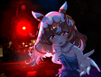 Rule 34 | alternate costume, animal ears, blush, breasts, collarbone, commentary request, dress, horse ears, horse girl, jewelry, long hair, looking at viewer, necklace, night, open mouth, pov, reaching, reaching towards viewer, real world location, red eyes, small breasts, still in love (umamusume), tsukusawa (tukunesour), umamusume, veil