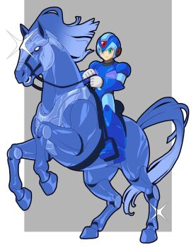 Rule 34 | 1boy, armor, blue armor, blue helmet, chinese zodiac, commentary request, forehead jewel, full body, g nm k, green eyes, grey background, helmet, horse, korean commentary, male focus, mega man (series), mega man x (series), non-humanoid robot, riding, riding animal, robot, robot animal, robot horse, simple background, smile, x (mega man), year of the horse
