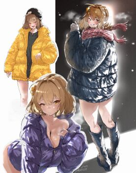 1girl absurdres ahoge anis_(nikke) beanie black_coat breasts brown_hair cleavage coat commentary_request goddess_of_victory:_nikke grin hat highres hii_(motorholic) large_breasts puffy_coat purple_coat scarf shiny_clothes short_hair smile snow undressing winter winter_clothes winter_coat yellow_coat