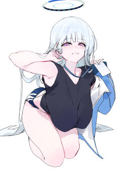 1girl absurdres black_shirt blue_archive blue_jacket blue_shorts blunt_bangs blush breasts collarbone dokshuri grey_hair gym_shorts halo highres jacket large_breasts long_hair looking_at_viewer mechanical_halo noa_(blue_archive) parted_lips partially_undressed purple_eyes shirt shorts sitting solo thighs track_jacket very_long_hair white_background white_halo