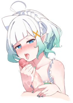 Rule 34 | 1boy, 1girl, ahoge, breasts, collarbone, commentary, densetsu.exe, dress, english commentary, erection, fellatio, green dress, green eyes, green hair, green nails, heart, heart-shaped pupils, licking, licking penis, looking at viewer, maid headdress, medium breasts, mint fantome, mint fantome (minto 2.0), miyo mizugi, multicolored hair, open mouth, oral, penis, penis grab, pointy ears, simple background, solo focus, symbol-shaped pupils, teeth, tongue, tongue out, uncensored, upper body, virtual youtuber, white background, white hair