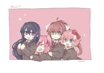 4girls ahoge aqua_eyes artist_name blazer blush bow bright_pupils brown_hair closed_eyes closed_mouth collared_shirt commentary_request doki_doki_literature_club doki_doki_literature_club_school_uniform fangs flying_sweatdrops green_eyes grey_jacket hair_bow hair_intakes hair_ornament hairclip hand_on_another's_hip hand_on_another's_shoulder highres jacket kemo_(kemonngo) long_hair long_sleeves medium_hair monika_(doki_doki_literature_club) multiple_girls natsuki_(doki_doki_literature_club) neck_ribbon open_mouth outline pink_background pink_hair ponytail purple_eyes purple_hair red_bow red_ribbon ribbon sayori_(doki_doki_literature_club) school_uniform shirt short_hair simple_background smile star_(symbol) sweatdrop teeth two_side_up upper_teeth_only white_outline white_pupils white_ribbon white_shirt yuri_(doki_doki_literature_club)