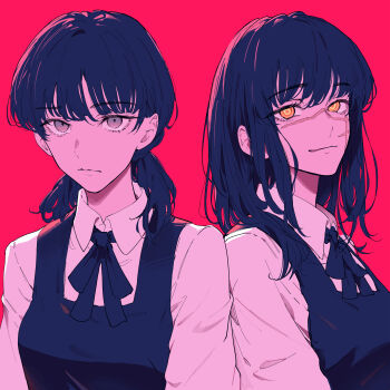 2girls absurdres black_dress black_hair black_ribbon chainsaw_man closed_mouth collared_shirt commentary dress fourth_east_high_school_uniform highres kodamazon long_hair medium_hair mitaka_asa multiple_girls neck_ribbon orange_eyes pinafore_dress red_background ribbon scar scar_on_face school_uniform shirt simple_background sleeveless sleeveless_dress smirk upper_body white_shirt yoru_(chainsaw_man)