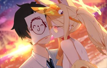 1boy 1girl animal_ear_fluff animal_ears backlighting bare_shoulders black_hair black_necktie blonde_hair blue_archive blurry blurry_background blush choker closed_eyes closed_mouth collared_shirt commentary_request cross_halo doodle_sensei_(blue_archive) dress_shirt dutch_angle extra_ears fox_ears fox_girl glint halo hetero highres holy-san_(makuu) kiss kissing_cheek light_particles long_hair necktie ocean official_alternate_costume official_alternate_hairstyle one-piece_swimsuit open_mouth outdoors paper_on_head ponytail profile puckered_lips red_choker seia_(blue_archive) seia_(swimsuit)_(blue_archive) sensei_(blue_archive) shirt short_hair sidelocks sparkle story_in_commentary sun sunglasses sunset swimsuit upper_body visor_cap wavy_ends white_one-piece_swimsuit white_shirt yellow_halo