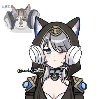 1girl animal_ears animal_hood blue_eyes bow braid breasts cat_ears cat_girl choker cipher_(honkai:_star_rail) cleavage coin commentary_request grey_hair hair_bow haruo_(haruooimo) headphone_cat_(meme) headphones highres honkai:_star_rail honkai_(series) hood leotard medium_breasts meme mole one_eye_closed sweat twitter_username upper_body white_background white_streaks