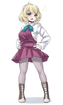 1girl blonde_hair blue_eyes boots bow bowtie braid breasts colorado_(kancolle) cosplay dress female_focus full_body grey_pantyhose halterneck hands_on_own_hips highres kantai_collection lace-up_boots large_breasts looking_at_viewer open_mouth pantyhose purple_dress school_uniform shirt short_hair side_braids simple_background solo standing takomeshi white_background white_shirt yuugumo_(kancolle) yuugumo_(kancolle)_(cosplay)