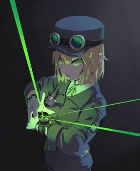 adversarial_noise ben_10 black_background blonde_hair blue_hat blue_jacket dooby dooby_(1st_costume) gloves goggles goggles_on_head gradient_background green_eyes hat indie_virtual_youtuber jacket long_sleeves looking_at_viewer magic mazumaro omnitrix open_mouth short_hair upper_body virtual_youtuber