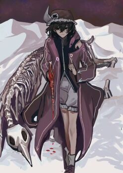 1other animal_skeleton ankle_socks arrow_print artist_request baggy_shorts bare_legs black_eyes black_hair black_hat blood blood_drip blood_trail bone closed_mouth clothing_cutout coattails commission cross-laced_shoes expressionless fossil frilled_headwear frilled_shorts frills full_body grey_socks hair_between_eyes hat hood hood_down hooded_jacket jacket knees len'en long_sleeves melting mob_cap mountain night open_clothes open_jacket outdoors purple_jacket purple_shoes second-party_source shitodo_kuroji shoes short_hair shorts shoulder_cutout single_bare_shoulder sky snow socks solo triangular_headpiece walking white_shorts wide_sleeves