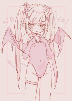 1girl bare_shoulders breasts brown_background choker collarbone commentary covered_navel demon_girl demon_tail demon_wings elbow_gloves flying_sweatdrops gloves gluteal_fold groin hair_ornament hands_up highres jigatei_(omijin) leotard loli long_hair original pink_choker pink_gloves pink_leotard pink_wings pointy_ears romaji_text small_breasts solo symbol-only_commentary tail thigh_strap twintails very_long_hair wings x_hair_ornament