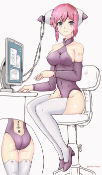 1girl absurdres android ass bodysuit breasts cable chair character_request chobits commentary_request computer detached_sleeves high_heels highres impossible_bodysuit impossible_clothes leotard looking_at_viewer monitor multiple_views persocom_(chobits) pink_hair purple_eyes purple_leotard purple_shoes rasen_manga robot_ears shoes short_hair sidelocks simple_background skin_tight solo_focus thighhighs white_background white_thighhighs
