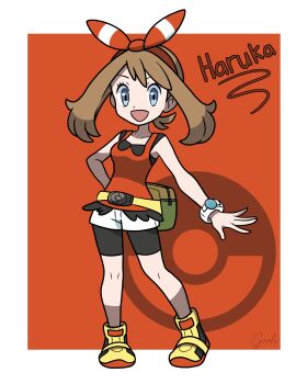 Rule 34 | 1girl, :d, absurdres, bare shoulders, bike shorts, bike shorts under skirt, black shorts, blue eyes, border, bow, bow hairband, brown hair, character name, fanny pack, full body, garloo, hair bow, hairband, hand on own hip, highres, looking at viewer, may (pokemon), nintendo, open mouth, outside border, poke ball symbol, pokemon, pokemon oras, red background, red bow, red hairband, red shirt, shirt, short hair, shorts, signature, sleeveless, sleeveless shirt, smile, solo, standing, white border, white shorts