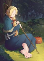 Rule 34 | 1girl, barefoot, blonde hair, blue robe, closed eyes, dungeon meshi, duplicate, feet, forest, highres, holding, holding staff, long hair, mage staff, marcille donato, messy hair, nature, open mouth, pointy ears, robe, shijinconghua, sleeping, soles, staff, teeth, toes, upper teeth only