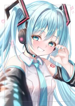 1girl absurdres adversarial_noise arm_up bare_shoulders black_sleeves blue_eyes blue_hair blue_nails blue_necktie blurry blush collared_shirt commentary_request depth_of_field detached_sleeves fingernails foreshortening hair_intakes hair_ornament half-heart_hands hatsune_miku headphones heart highres long_hair long_sleeves looking_at_viewer microphone nail_polish necktie number_tattoo parted_lips selfie shirt shoulder_tattoo sigma_1221 simple_background sleeveless sleeveless_shirt smile solo tattoo twintails upper_body viewfinder vocaloid watermark white_background white_shirt