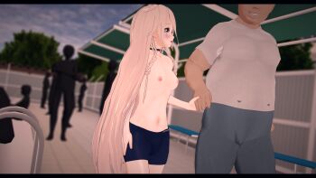 1girl 3d absurdres age_difference artist_request blonde_hair blue_male_swimwear blue_swim_trunks blurry blurry_background blush breasts character_request chromatic_aberration copyright_request crossdressing exhibitionism grey_male_swimwear grey_swim_trunks highres holding_hands long_hair male_swimwear male_swimwear_challenge multiple_boys nipples pool public_indecency small_breasts source_request standing swim_trunks swimsuit tagme topfreedom topless_female water