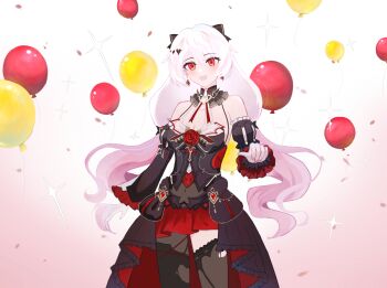 Rule 34 | 1girl, absurdres, balloon, bare shoulders, bat hair ornament, black dress, black pantyhose, black thighhighs, breasts, commentary request, detached sleeves, dress, earrings, hair ornament, highres, honkai (series), honkai impact 3rd, jewelry, large breasts, lin yu jin, long hair, looking at viewer, luna (honkai impact), pantyhose, red eyes, single leg pantyhose, single thighhigh, smile, solo, thighhighs, torn clothes, torn pantyhose, torn thighhighs, very long hair, white hair