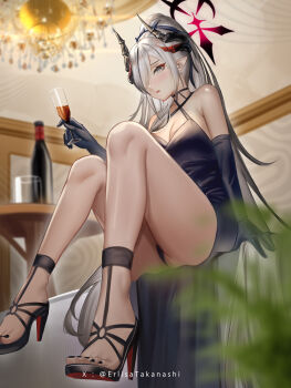 1girl absurdres alcohol bare_shoulders black_dress black_gloves black_shoes blue_archive blue_eyes blush breasts cleavage cup demon_girl demon_horns dress drinking_glass elbow_gloves erlisa_takanashi from_below gloves grey_hair hair_over_one_eye halo high_heels highres holding holding_cup horns large_breasts long_hair looking_at_viewer makoto_(blue_archive) makoto_(dress)_(blue_archive) official_alternate_costume official_alternate_hairstyle open_mouth pointy_ears ponytail red_halo shoes sidelocks sleeveless sleeveless_dress solo wine wine_glass