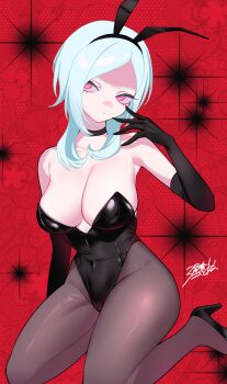 1girl absurdres animal_ear_hairband animal_ears bare_shoulders black_choker black_gloves black_hairband black_leotard black_shoes breasts choker cleavage closed_mouth covered_navel eas_(fresh_precure!) elbow_gloves expressionless fake_animal_ears floral_background fresh_precure! gloves green_hair hairband hand_up higashi_setsuna high_heels highleg highleg_leotard highres kneeling large_breasts leotard medium_hair misao_koinu pantyhose parted_bangs pink_eyes playboy_bunny precure rabbit_ear_hairband rabbit_ears red_background shoes sideways_glance signature solo strapless strapless_leotard thighs