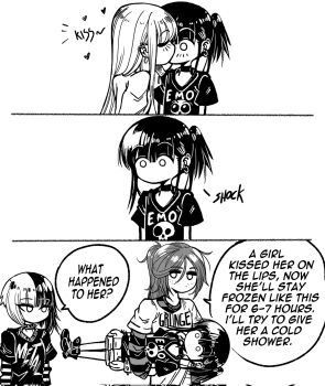 Rule 34 | 3koma, 4girls, bracelet, carrying, carrying person, carrying under arm, choker, comic, corrupted twitter file, ear piercing, emo-girl (grs-), english text, freckles, greyscale, grs-, grunge-girl (grs-), highres, jewelry, kiss, long hair, medium hair, metal-girl (grs-), monochrome, multicolored hair, multiple girls, no mouth, original, pastel-goth-girl (grs-), piercing, ponytail, short ponytail, simple background, spiked bracelet, spiked choker, spikes, surprised, two-tone hair, very long hair, white background, yuri