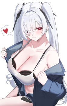 1girl absurdres alternate_costume black_bra black_nails blue_jacket bra breasts bright_pupils camisole cinderella_(nikke) cleavage closed_mouth collarbone commentary dori_(choejeongmin7) english_commentary exposed_pocket goddess_of_victory:_nikke hair_over_one_eye heart highres jacket large_breasts long_hair long_sleeves navel one_eye_covered red_eyes ringed_eyes short_shorts shorts simple_background smile solo speech_bubble sweat underwear white_background white_camisole white_hair white_pupils