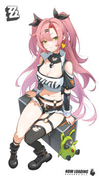 1girl absurdres ankle_boots arm_warmers asymmetrical_legwear bangboo_(zenless_zone_zero) bare_shoulders black_boots black_bow black_shorts black_socks black_thighhighs boots bow box breasts cleavage closed_mouth clothing_cutout earrings full_body green_eyes hair_bow heart heart_earrings highres jacket jewelry large_breasts logo looking_at_viewer mole mole_on_breast mole_on_thigh mole_under_eye nicole_demara o-ring o-ring_thigh_strap on_box open_clothes open_jacket pink_hair sanzio76 short_shorts short_sleeves shorts shoulder_cutout single_sock single_thighhigh sitting smile socks solo strapless thigh_strap thighhighs torn_clothes torn_thighhighs tube_top two_side_up uneven_legwear white_background white_tube_top zenless_zone_zero