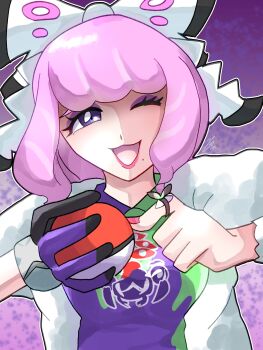 1girl absurdres bow bracelet breasts collared_shirt commentary_request drill_hair drill_sidelocks dynamax_band eyeshadow flipped_hair fur_jacket hair_bow hairband highres holding holding_poke_ball jacket jewelry klara_(pokemon) makeup medium_breasts mole mole_under_mouth nintendo one_eye_closed open_mouth pink_eyeshadow pink_hair pink_lips pink_nails poke_ball poke_ball_(basic) pokemon pokemon_swsh print_shirt purple_eyes ring shaded_face shirt short_hair sidelocks smile solo takanashi_jun two-tone_shirt upper_body white_bow white_hairband