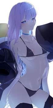 1girl animal_hood bare_shoulders bikini black_bikini black_jacket blue_eyes blush breasts choker fate/grand_order fate_(series) highres hood hooded_jacket jacket long_hair long_sleeves looking_at_viewer meltryllis meltryllis_(fate) meltryllis_(swimsuit_lancer)_(fate) meltryllis_(swimsuit_lancer)_(first_ascension)_(fate) off_shoulder penguin_hood prosthesis prosthetic_leg purple_hair revision sleeves_past_fingers sleeves_past_wrists small_breasts smile solo swimsuit thighs umi_endu very_long_hair