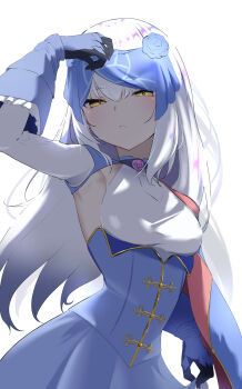 1girl aiguillette black_gloves blue_cape blue_dress blush breasts cape dress fate/grand_order fate_(series) forked_eyebrows gloves highres long_hair long_sleeves looking_at_viewer melusine_(fate) melusine_(second_ascension)_(fate) sidelocks small_breasts solo umi_endu veil white_hair yellow_eyes