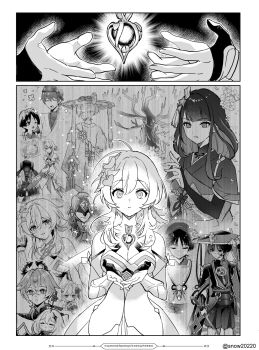 4girls 6+boys :t anemo_symbol_(genshin_impact) arm_cutout ascot asymmetrical_sidelocks blood blood_on_face blunt_ends blush blush_stickers bow braid breasts bridal_gauntlets cherry_blossoms cleavage closed_eyes clothing_cutout clutching_head commentary core covered_collarbone curled_fingers detached_sleeves dottore_(genshin_impact) dragon_boy dragon_horns durin_(genshin_impact) eye_mask eyelashes eyeliner facial_mark facing_viewer falling_petals feather_hair_ornament feathers fingernails flashback flower forehead_mark furisode genshin_impact giving gloves gnosis_(genshin_impact) hair_flower hair_ornament hakama hakama_shorts half_crown_braid halo halterneck hand_up hat heart heart_hair_ornament high_collar highres holding holding_sword holding_weapon horns irminsul japanese_clothes jingasa juban kariginu katana kimono kneeling layered_sleeves long_hair looking_at_viewer lumine_(genshin_impact) makeup mandarin_collar mask mask_on_hat mechanical_halo medium_breasts medium_hair middle_ring mitsudomoe_(shape) multiple_boys multiple_girls multiple_persona nahida_(genshin_impact) niwa_(genshin_impact) o-ring obi open_clothes open_hands open_kimono open_mouth paimon_(genshin_impact) parted_lips partially_fingerless_gloves petals pleated_shorts pom_pom_(clothes) raiden_shogun red_eyeliner rope sash scaramouche_(genshin_impact) scaramouche_(kabukimono)_(genshin_impact) scarf scene_reference see-through_clothes see-through_veil short_hair short_hair_with_long_locks short_sleeves shorts shrug_(clothing) side_cape side_ponytail sidelocks single_sode snow20200 string sword tassel tassel_hair_ornament tasuki tomoe_(symbol) tree twitter_username veil vision_(genshin_impact) wanderer_(genshin_impact) weapon