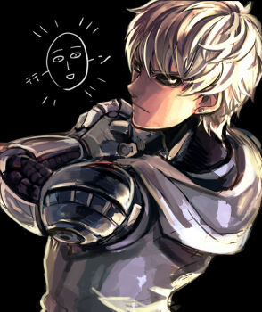 Rule 34 | 1boy, black background, black sclera, blonde hair, closed mouth, colored sclera, commentary request, cracking knuckles, cyborg, earrings, from behind, genos, hood, hood down, hoodie, jewelry, looking at viewer, looking back, male focus, mechanical arms, one-punch man, saitama (one-punch man), senzoku senri, short hair, solo, stud earrings, upper body, white hoodie, yellow eyes