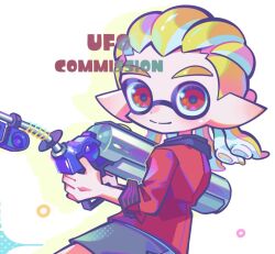 Rule 34 | 1boy, blonde hair, closed mouth, commentary request, commission, e-liter 4k (splatoon), glint, grey shorts, gun, holding, holding gun, holding weapon, inkling, inkling girl, inkling player character, jacket, korean commentary, long hair, looking at viewer, male focus, nintendo, pointy ears, red eyes, red jacket, shorts, smile, solo, splatoon (series), tentacle hair, ufo sw, watermark, weapon