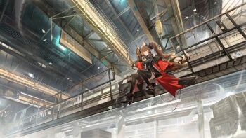 1girl :3 angelina_(arknights) animal_ear_fluff animal_ears arknights arknights:_endfield ashukapeka bare_shoulders belt black_boots black_gloves black_thighhighs boots bracelet breasts brown_hair coat colored_inner_animal_ears commentary_request crate dangling dot_nose dress elbow_gloves factory fold-over_boots fox_ears fox_girl from_below full_body gilberta_(arknights) gloves grey_dress headpiece high_belt high_collar highres hook indoors infection_monitor_(arknights) jewelry korean_commentary long_hair long_sleeves looking_at_viewer open_clothes open_coat red_coat red_eyes scenery sign sitting sleeveless sleeveless_dress small_breasts solo thighhighs truss twintails wide_sleeves zettai_ryouiki