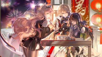 Rule 34 | 3girls, absurdres, antithetical couplet, bare shoulders, black dress, black socks, chinese commentary, chinese new year, commentary request, dress, fireworks, girls' frontline, girls' frontline 2: exilium, girls' frontline neural cloud, gloves, groza (girls' frontline 2), highres, lantern, m4a1 (girls' frontline), multicolored hair, multiple girls, official art, open mouth, orange eyes, ots-14 (girls' frontline), paper lantern, persica (girls' frontline), promotional art, samo (shichun samo), sitting, sky, socks, thighhighs