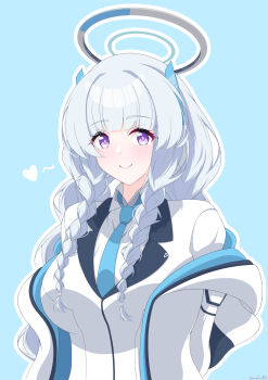 blue_archive blue_necktie blush braid breasts commentary_request halo headgear heart highres jacket large_breasts long_hair mayuto_illust mechanical_halo necktie noa_(blue_archive) open_clothes open_jacket purple_eyes shirt smile solo twin_braids white_hair white_halo white_jacket white_shirt