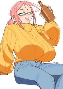 1girl 3amsoda :d aqua-framed_eyewear artist_name baggy_clothes blue_pants blush bottle breasts closed_eyes commentary denim english_commentary feet_out_of_frame glasses highres holding holding_bottle huge_breasts jeans long_sleeves open_mouth orange_sweater original pants pink_hair ponytail puff_of_air puffy_sleeves semi-rimless_eyewear shrimp_girl_(3amsoda) sidelocks simple_background sitting smile solo sweater teeth u_u upper_teeth_only white_background