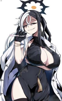 1girl black_dress black_eyes black_gloves black_hair black_halo blue_archive breasts china_dress chinese_clothes cleavage_cutout clothing_cutout coat coat_on_shoulders dress gloves hair_between_eyes halo highres holding holding_test_tube huge_breasts kai_(blue_archive) multicolored_hair ryuki_(red_dolphinman) smile solo split-color_hair test_tube tree_print two-tone_hair white_coat white_hair